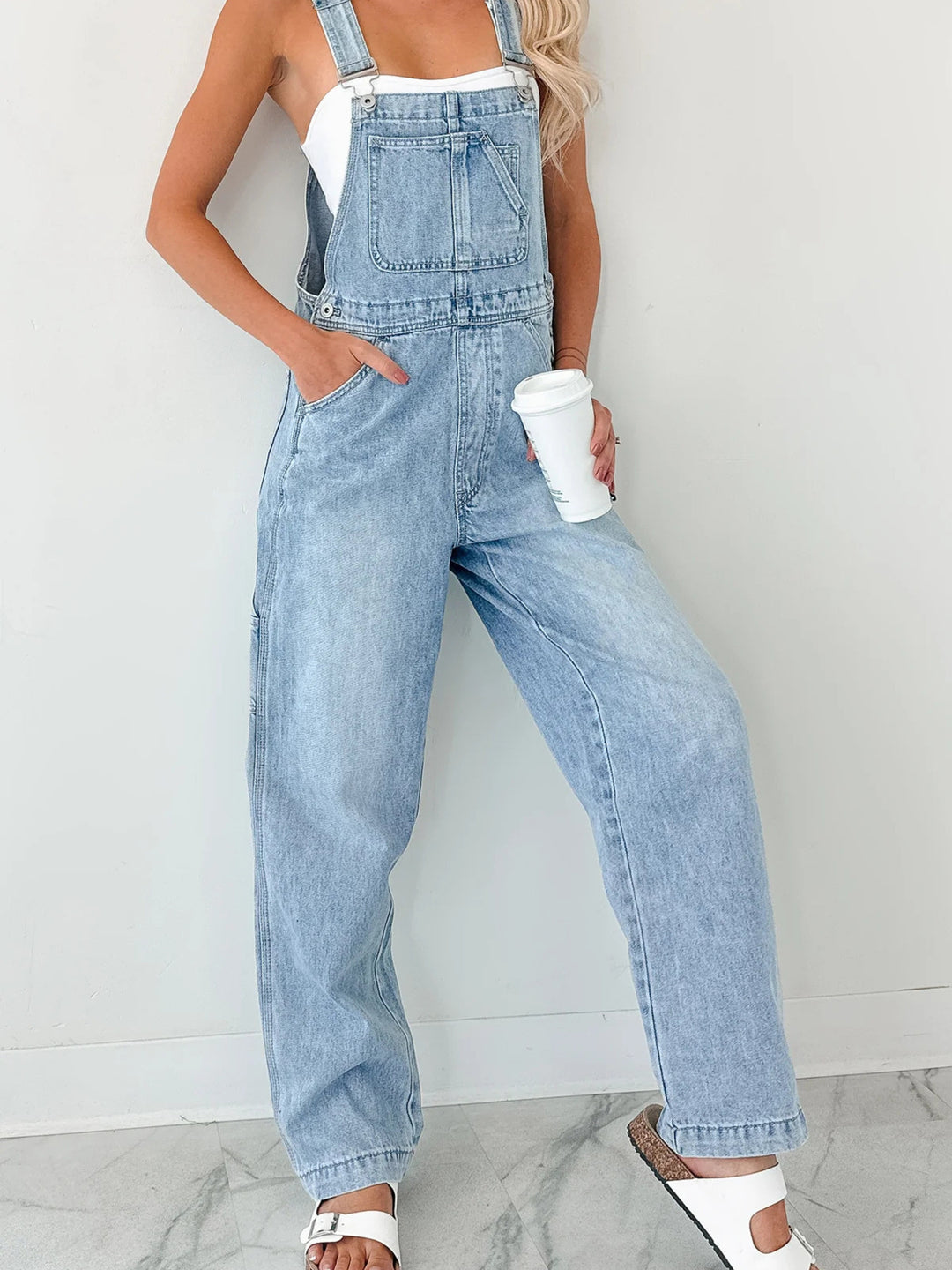 Wide-strap relaxed fit denim overalls with utility pockets