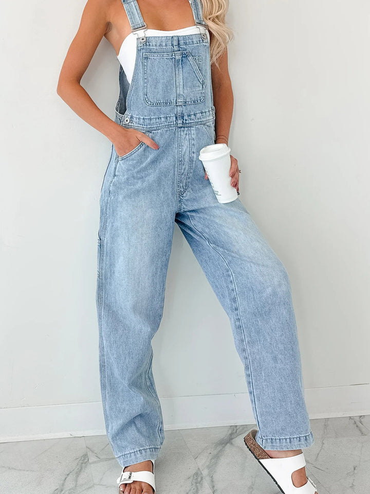 Wide-strap relaxed fit denim overalls with utility pockets