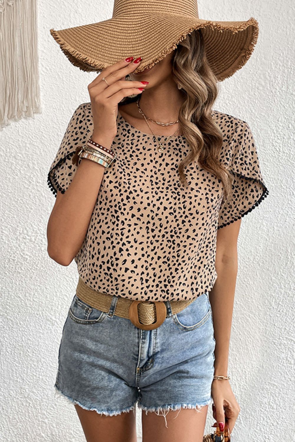 Leopard Leopard print petal sleeve blouse with pom pom trim