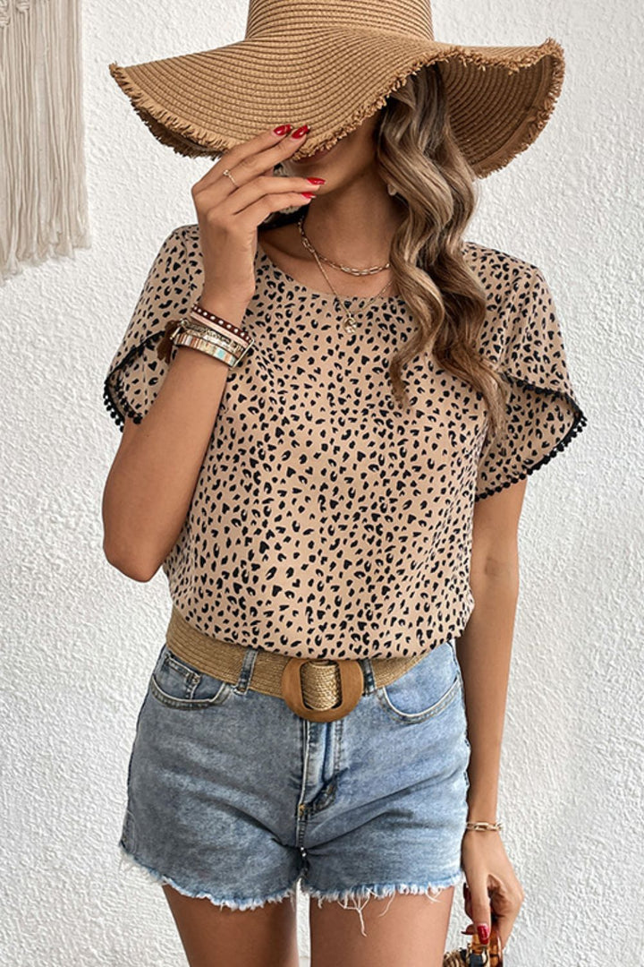 Leopard Leopard print petal sleeve blouse with pom pom trim