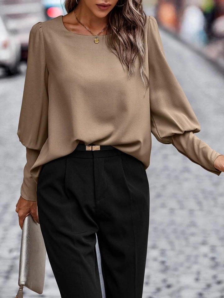Taupe Lantern sleeve round neck blouse with puff shoulders