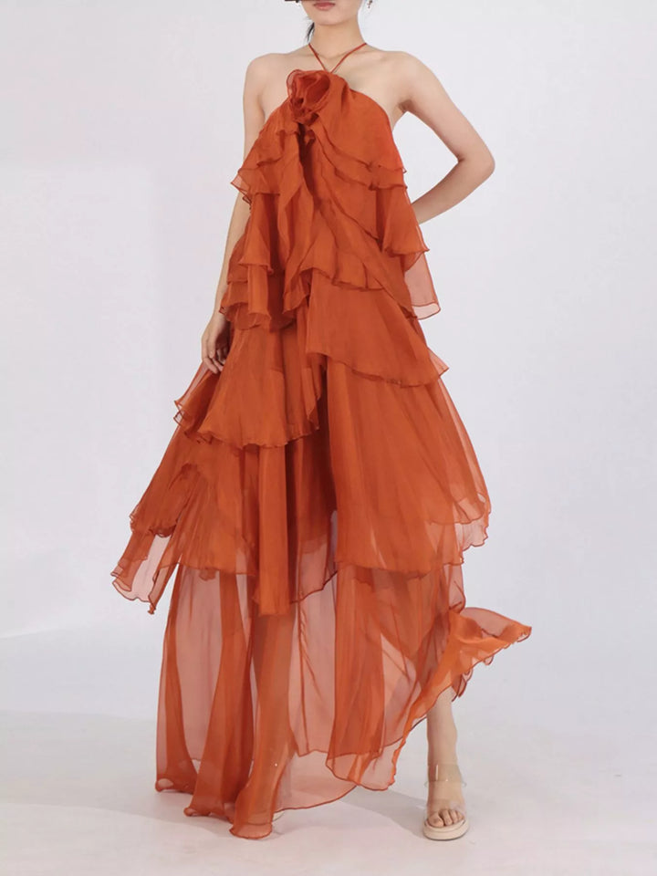 Tiered ruffle chiffon halter maxi dress with rosette