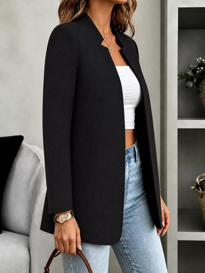 Open-front collarless longline blazer with long sleeves