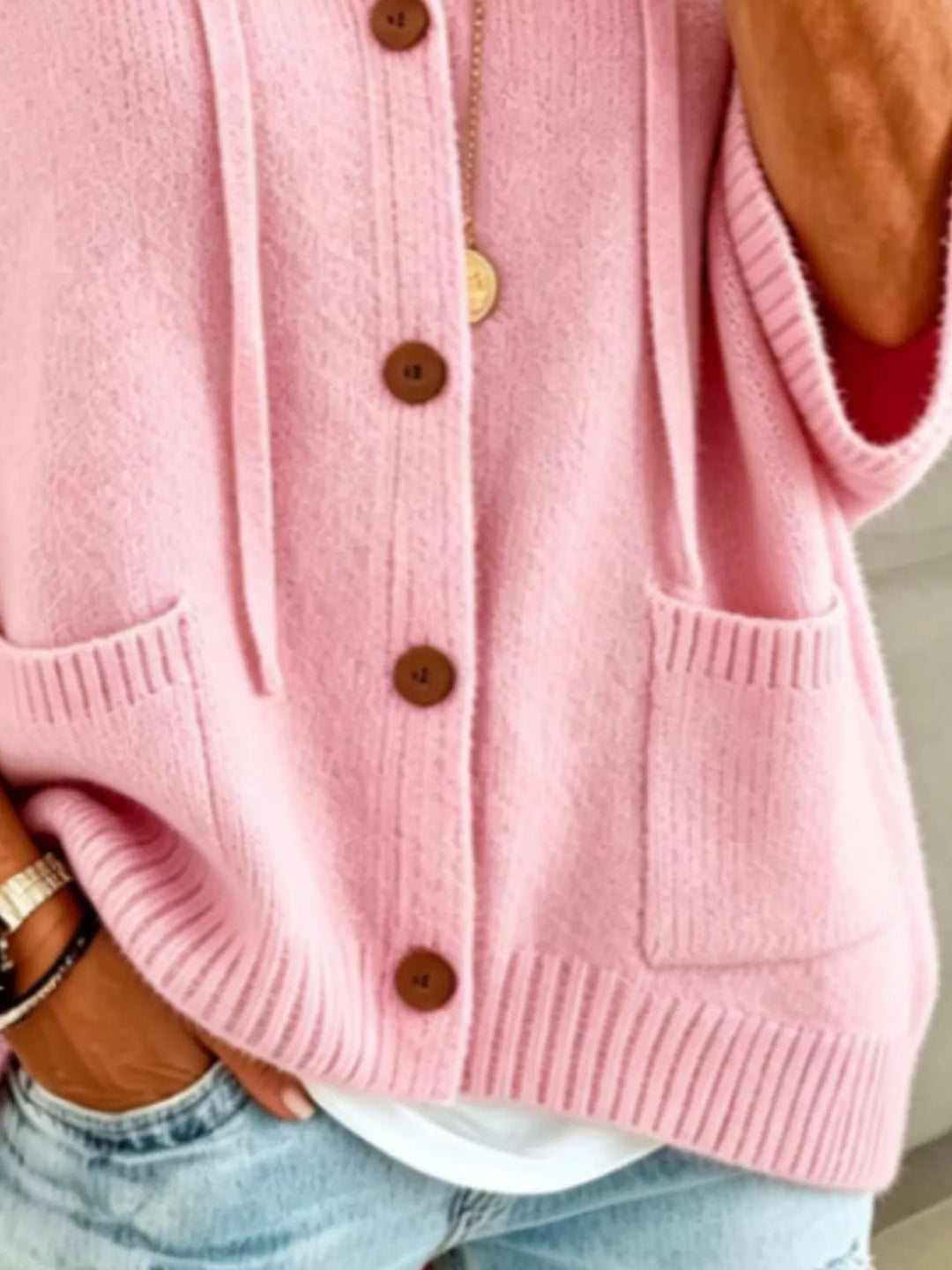 Hooded button-down knit cardigan with patch pockets