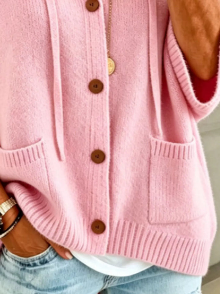 Hooded button-down knit cardigan with patch pockets