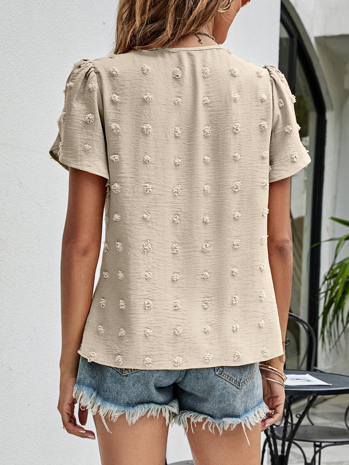 Swiss dot petal sleeve top with pleated round neck