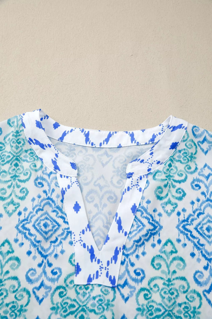 Mixed print patchwork babydoll blouse with split neck