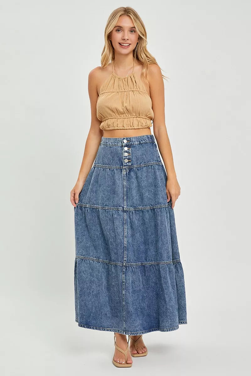 High-rise tiered denim maxi skirt with button front