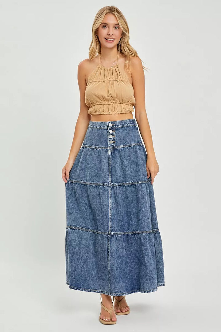 High-rise tiered denim maxi skirt with button front