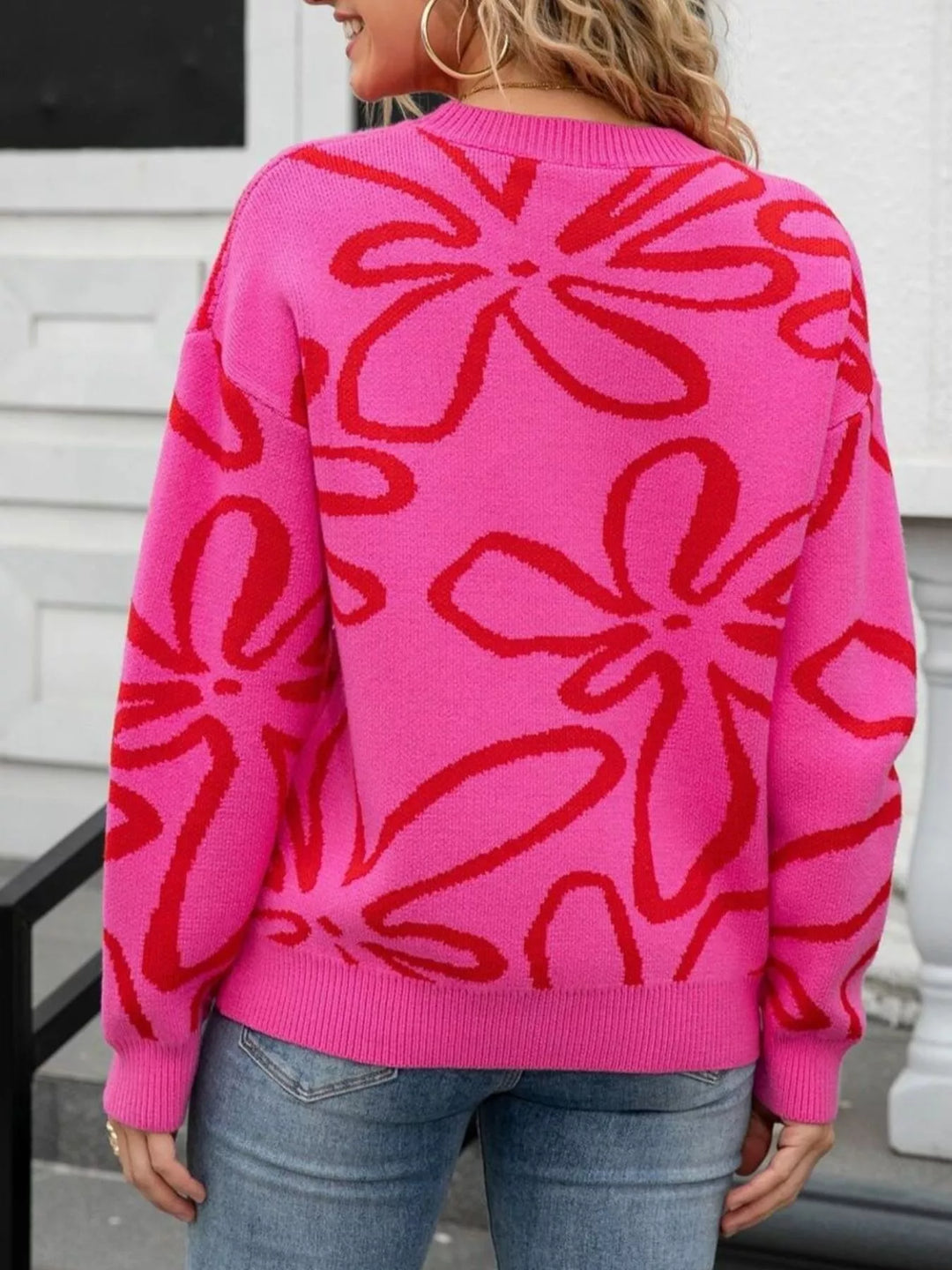 Floral print crew neck knit sweater with ribbed trim