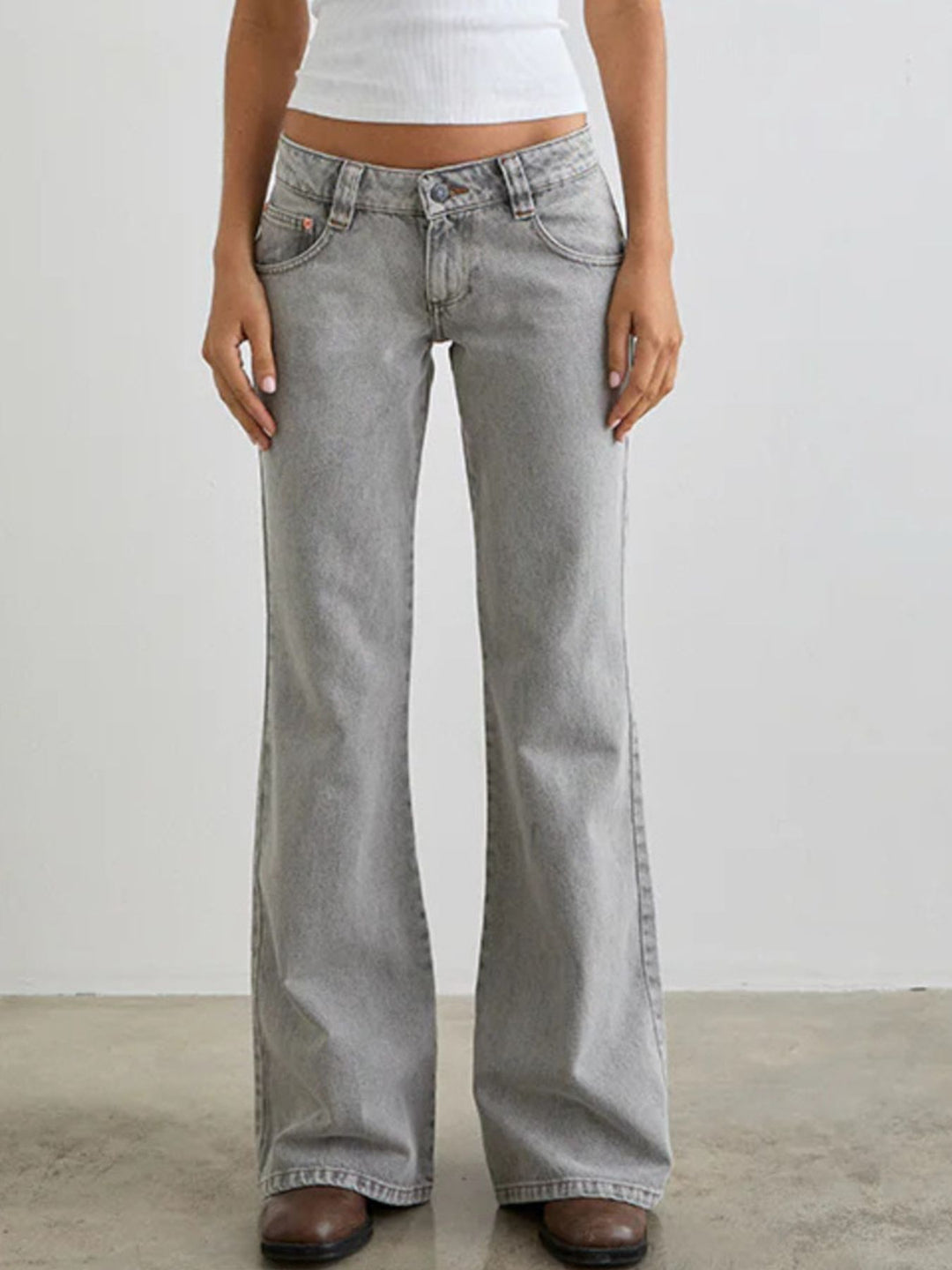 Low-rise washed denim flare leg jeans with 5-pocket styling