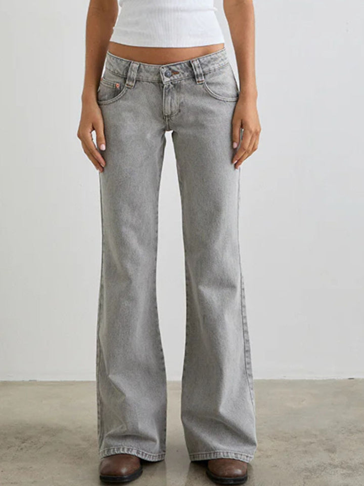 Low-rise washed denim flare leg jeans with 5-pocket styling