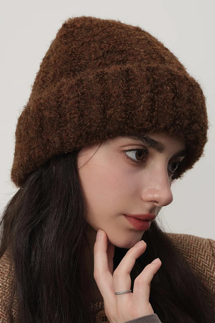 Chocolate Fuzzy brushed knit cuffed beanie with slouchy crown