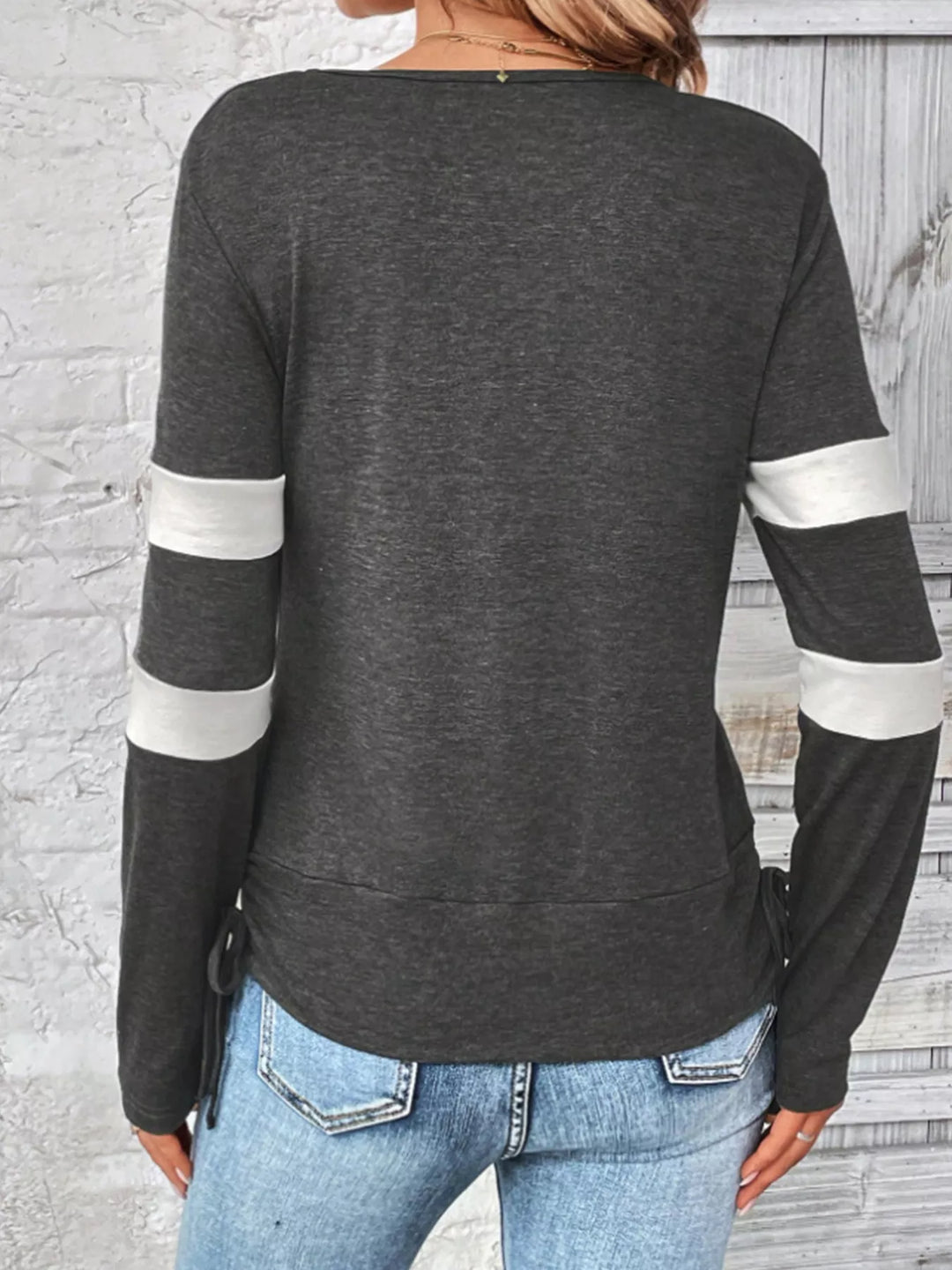 Cowl neck long sleeve faux layered top with side drawstring