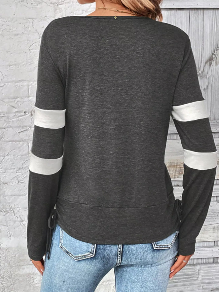 Cowl neck long sleeve faux layered top with side drawstring
