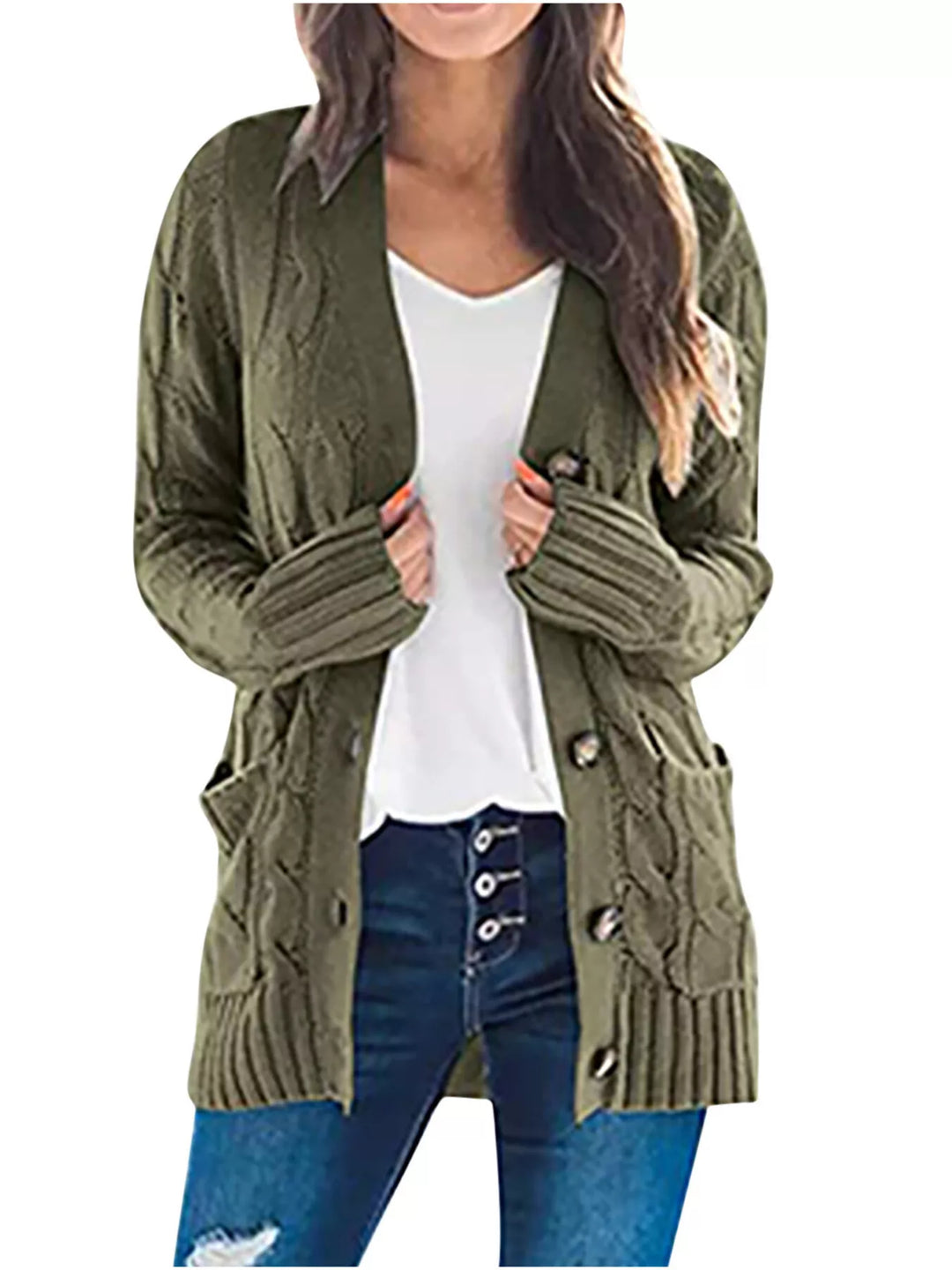 Army Green Chunky cable knit button-down cardigan with pockets