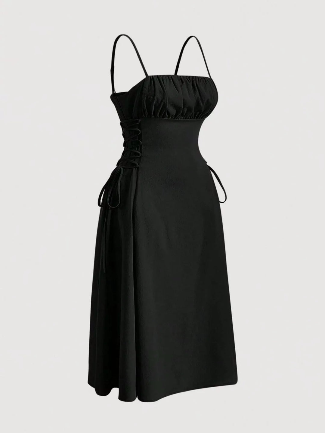 Black Lace-up side A-line midi dress with ruched bodice