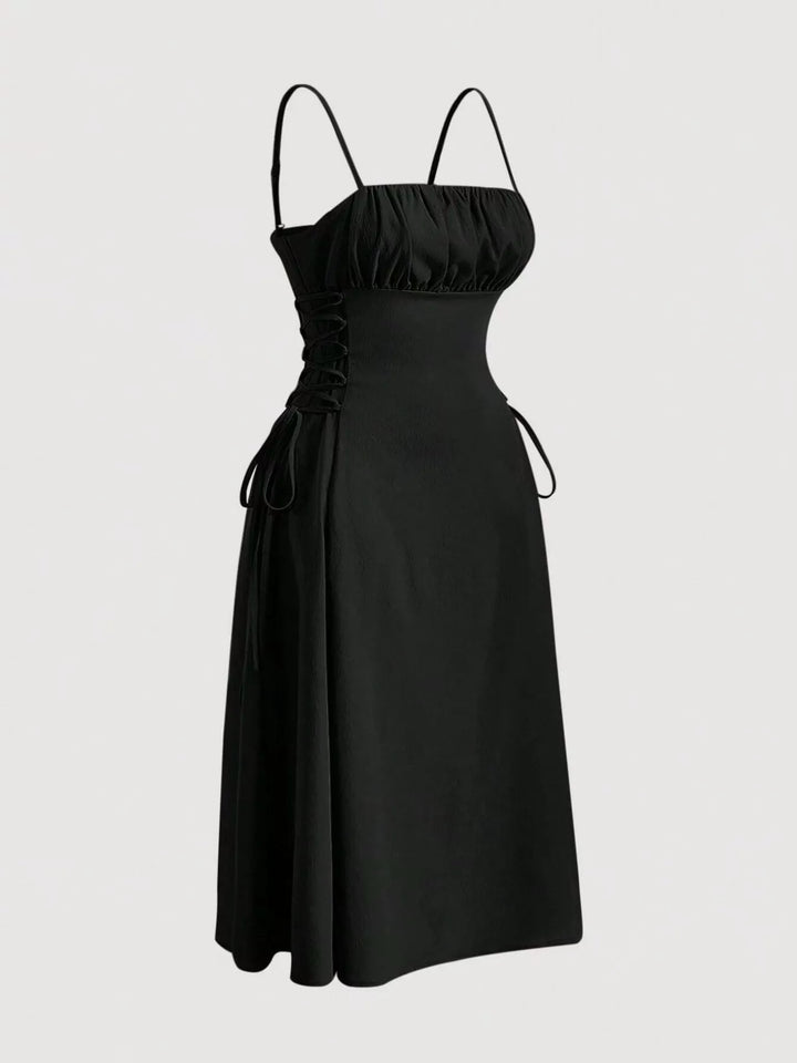 Black Lace-up side A-line midi dress with ruched bodice