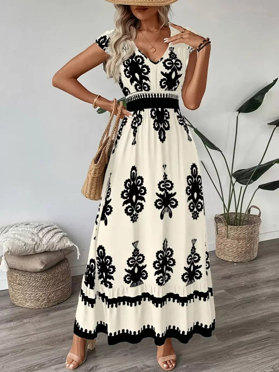 Apricot Ornate print v-neck maxi dress with flutter sleeves
