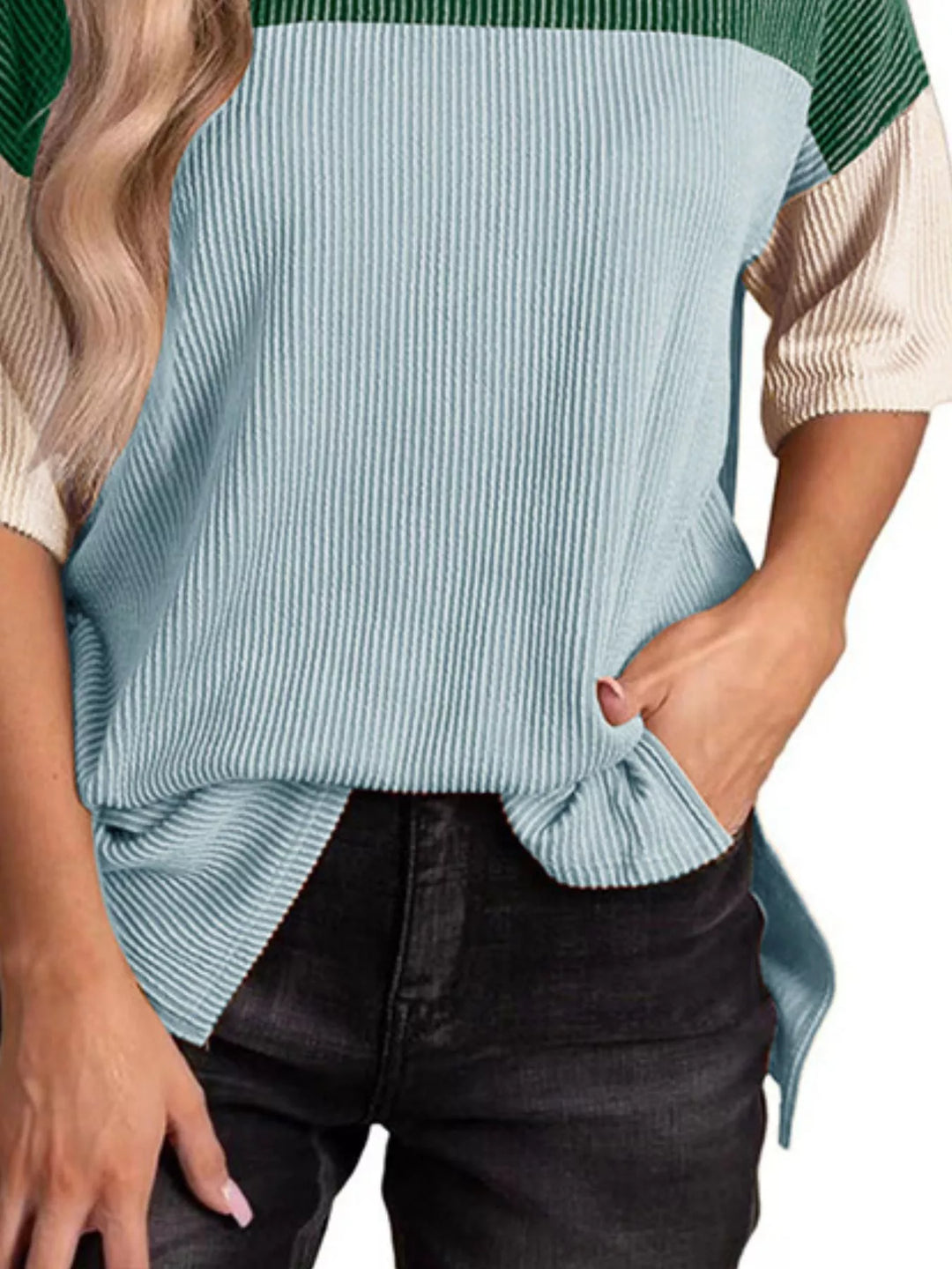 Ribbed color block short sleeve top with side slits