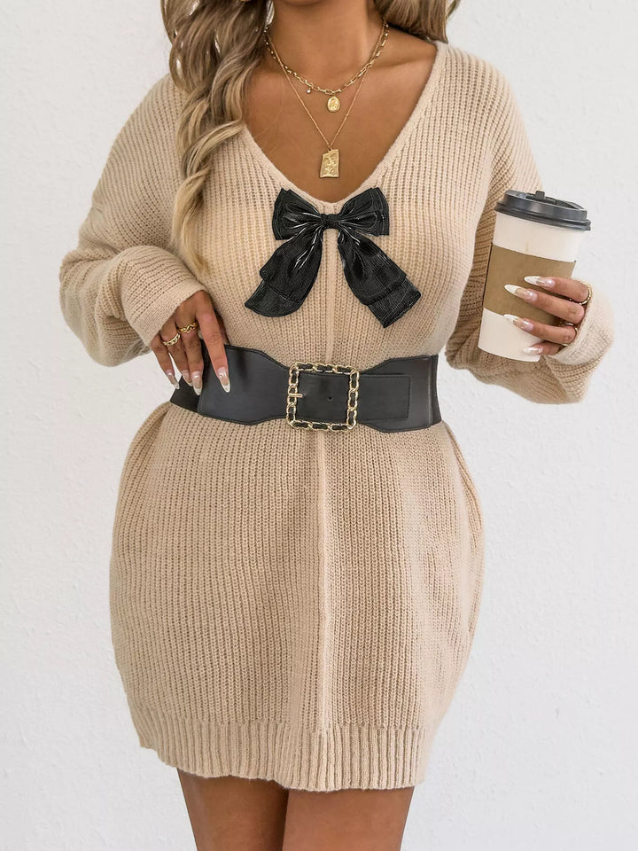 Bow-front ribbed knit mini sweater dress with V-neck
