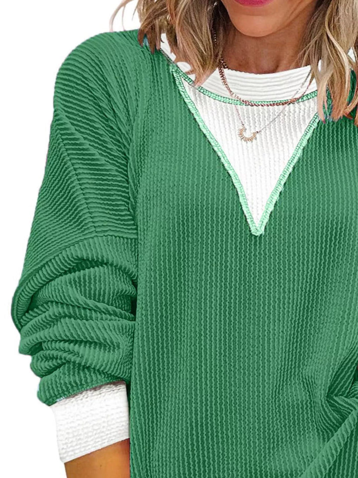 Contrast-trim ribbed dropped-shoulder sweatshirt