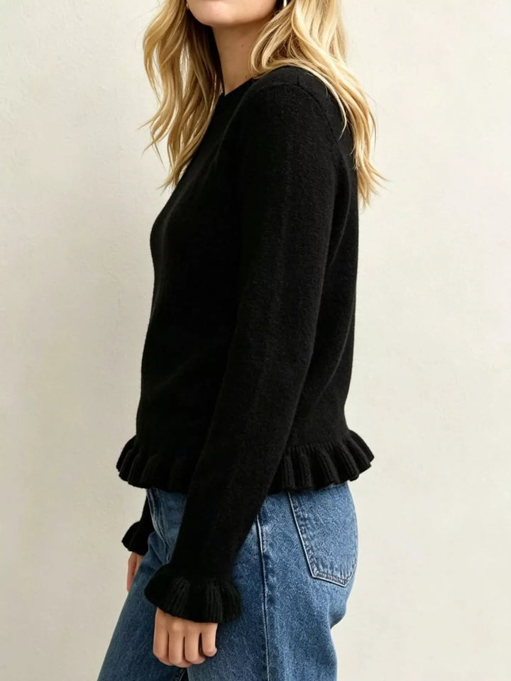 Ruffle hem crew neck knit sweater with ruffled cuffs