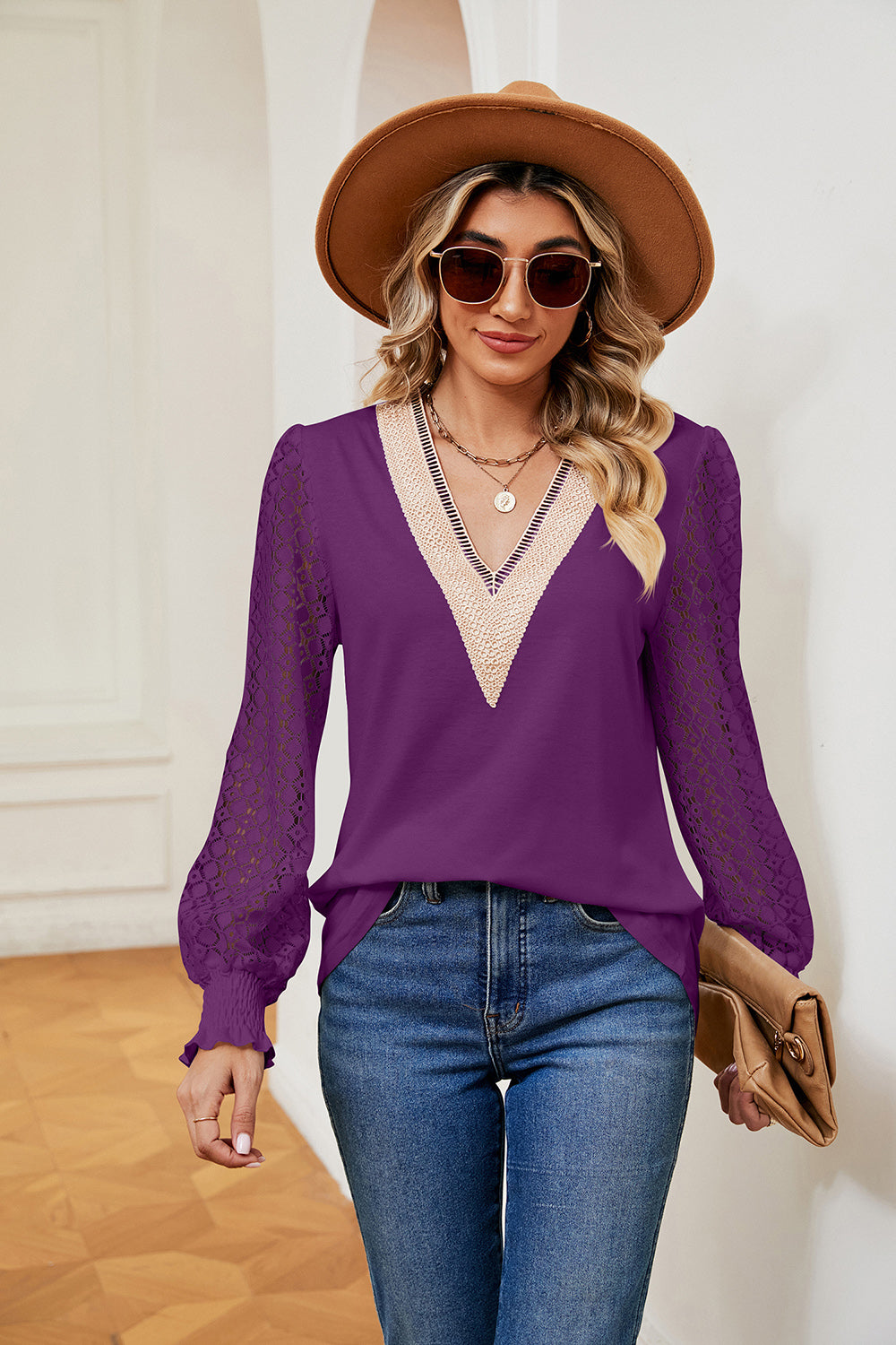 Contrast lace V-neck blouse with crochet long sleeves
