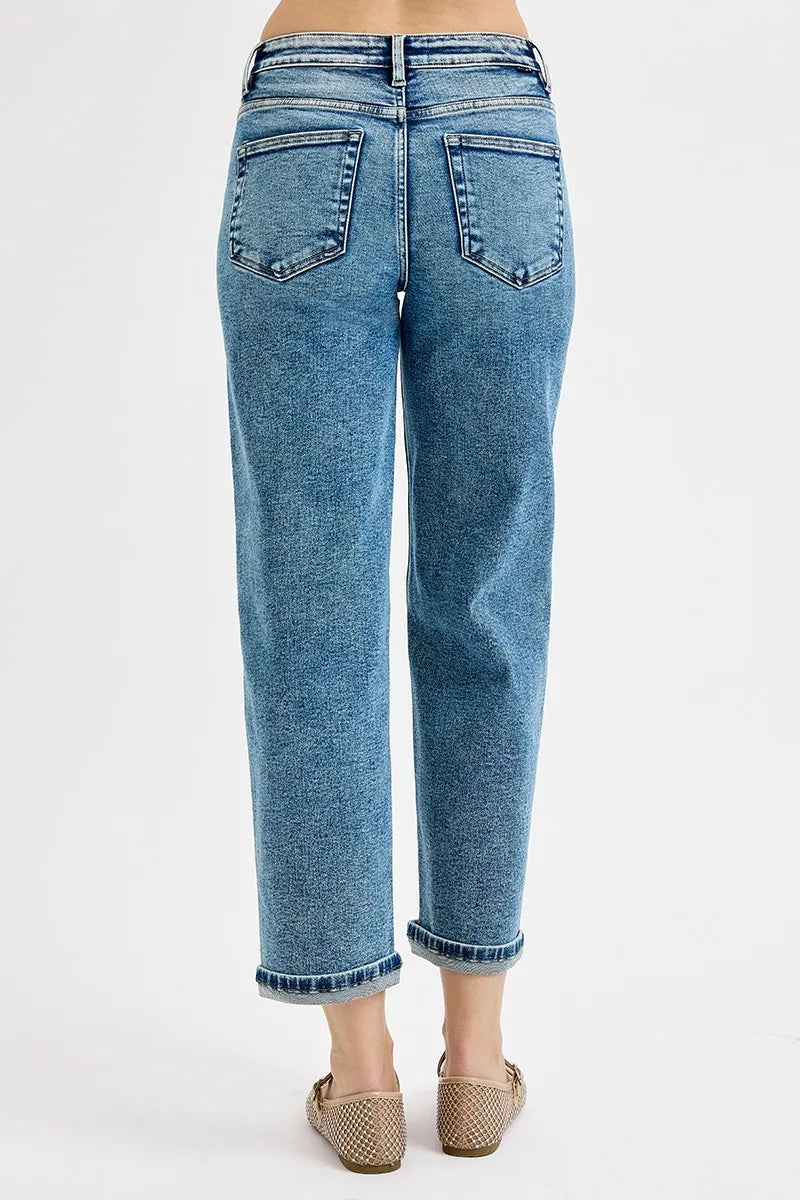 High-rise cropped boyfriend jeans with cuffed hem