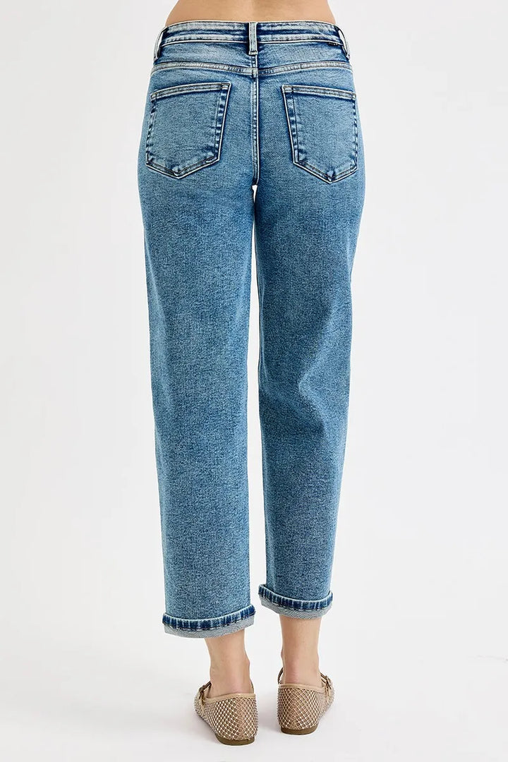 High-rise cropped boyfriend jeans with cuffed hem