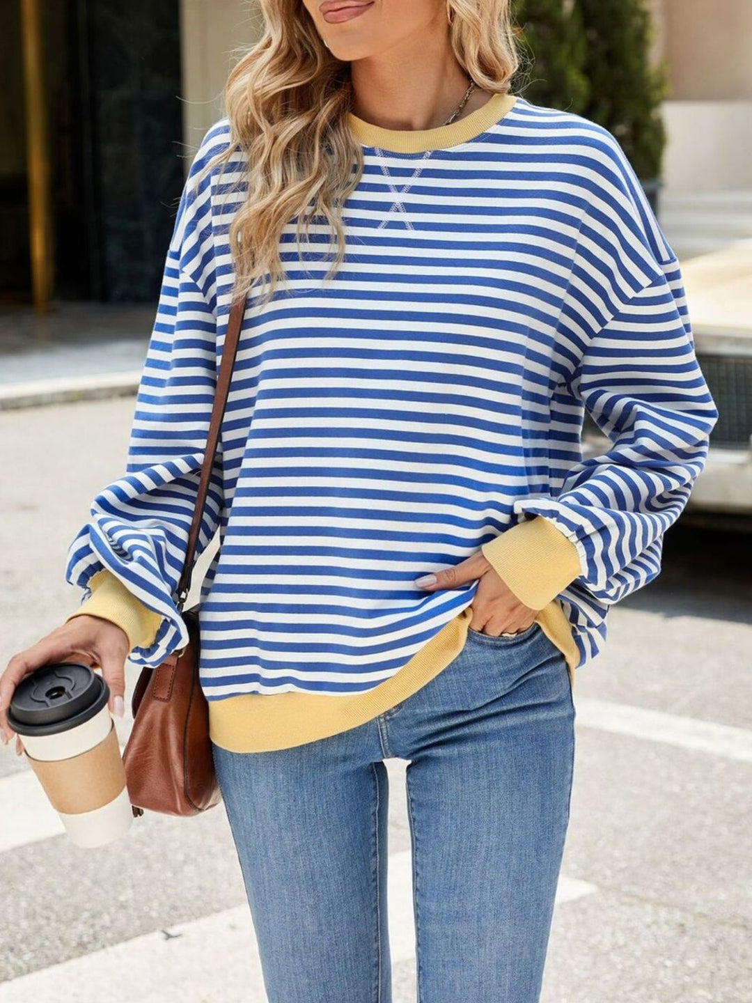 Striped crew neck sweatshirt with contrast ribbed trim