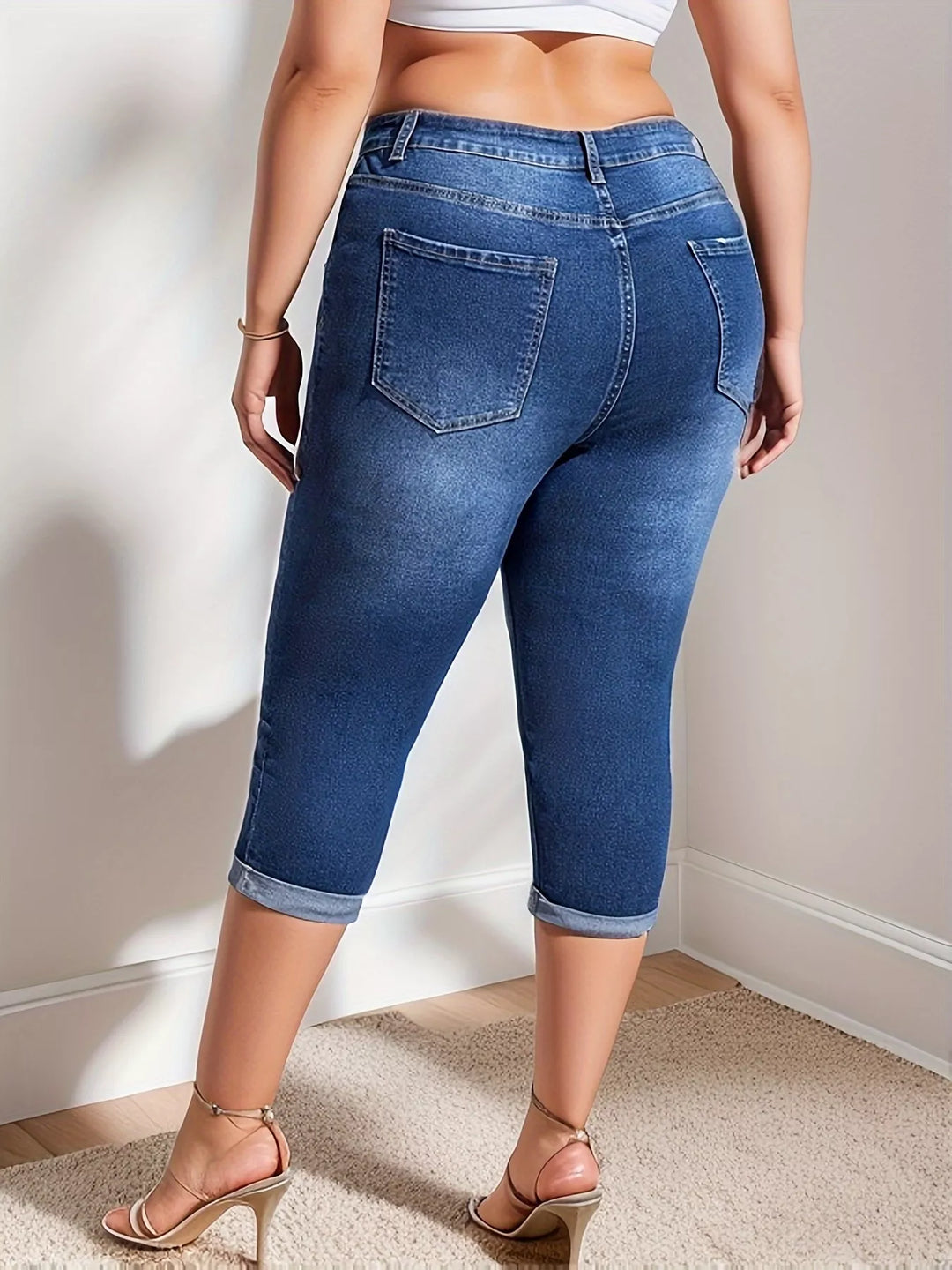 Dark Blue High-rise rolled hem capri jeans in plus size denim