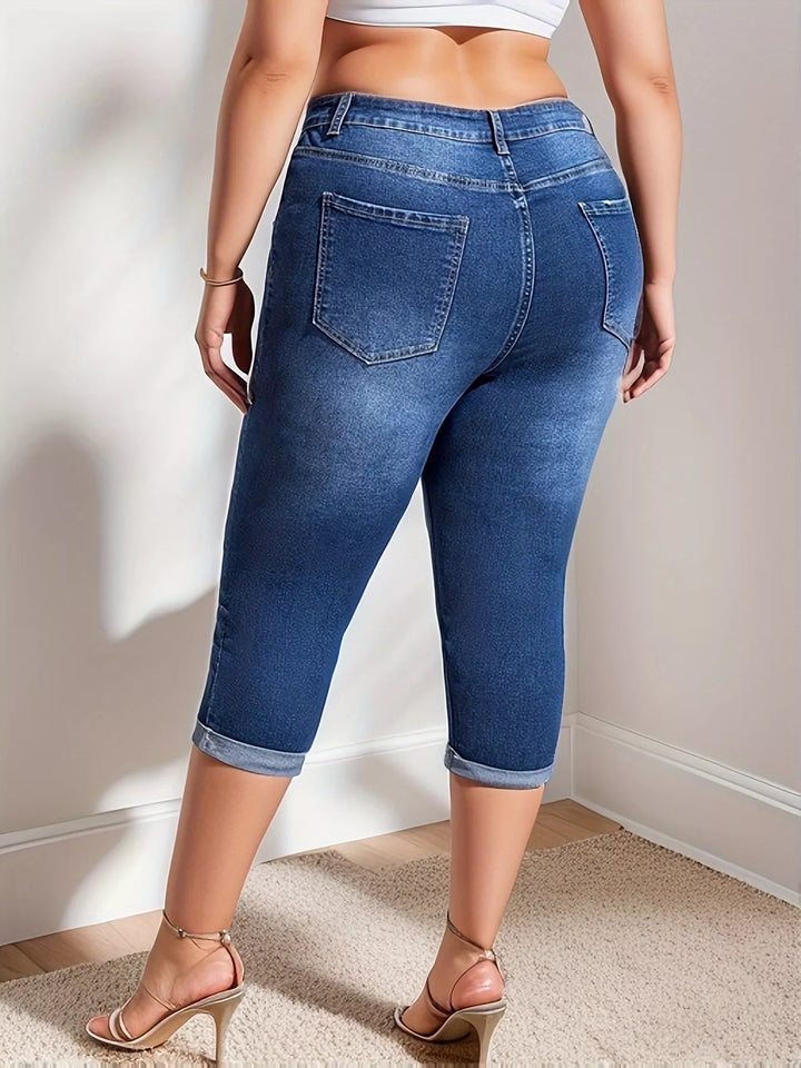 Dark Blue High-rise rolled hem capri jeans in plus size denim