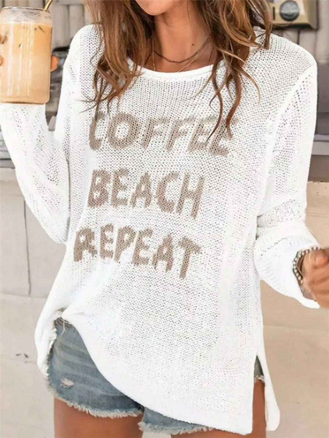 White Coffee Beach Repeat open-knit long sleeve top with side slit