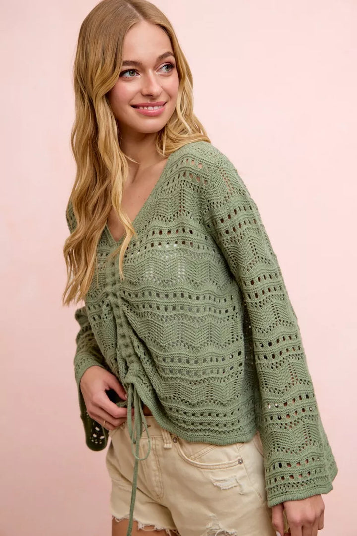 Long sleeve pointelle knit V-neck top with ruched front