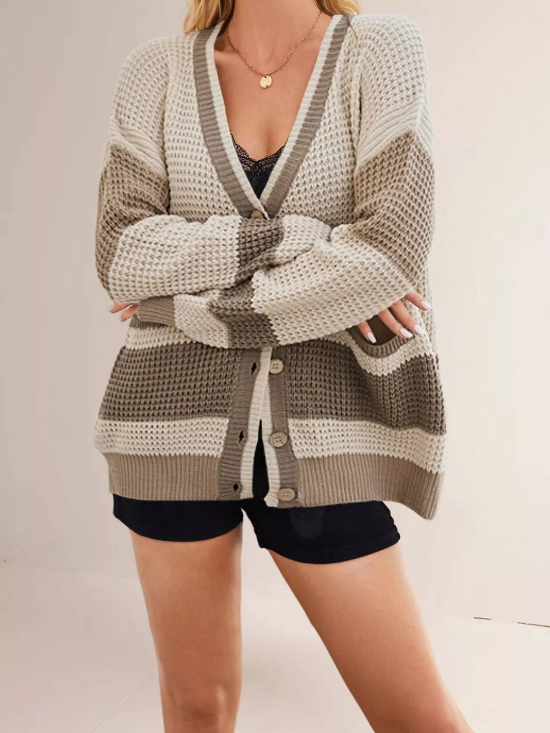 Color block waffle knit button-front V-neck cardigan