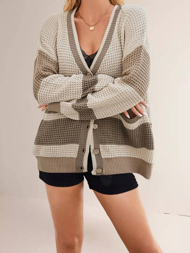 Color block waffle knit button-front V-neck cardigan