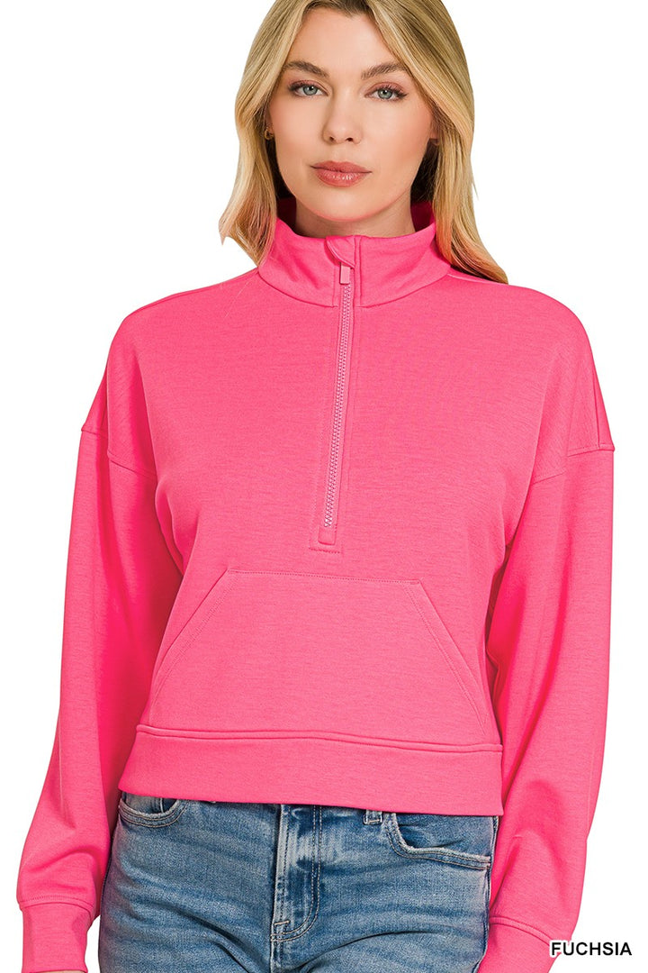 Cropped half-zip scuba pullover with kangaroo pocket