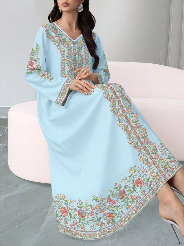Sky Blue Floral border print V-neck long sleeve maxi dress