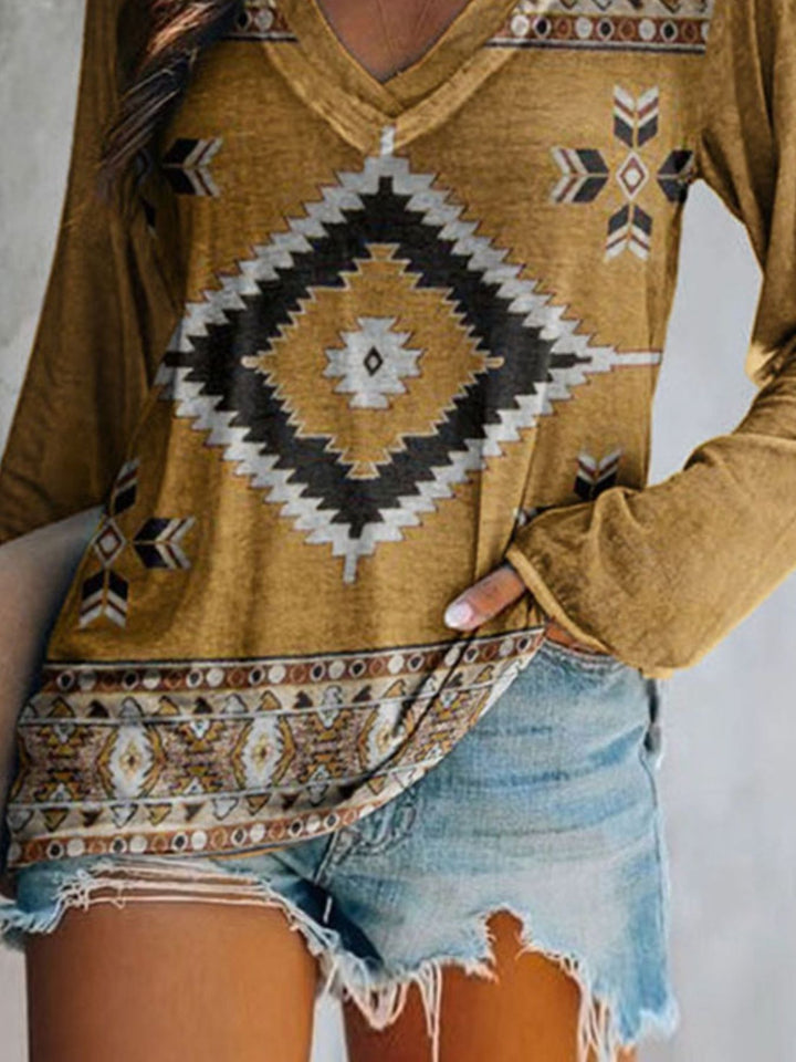 Aztec geometric print v-neck long sleeve top