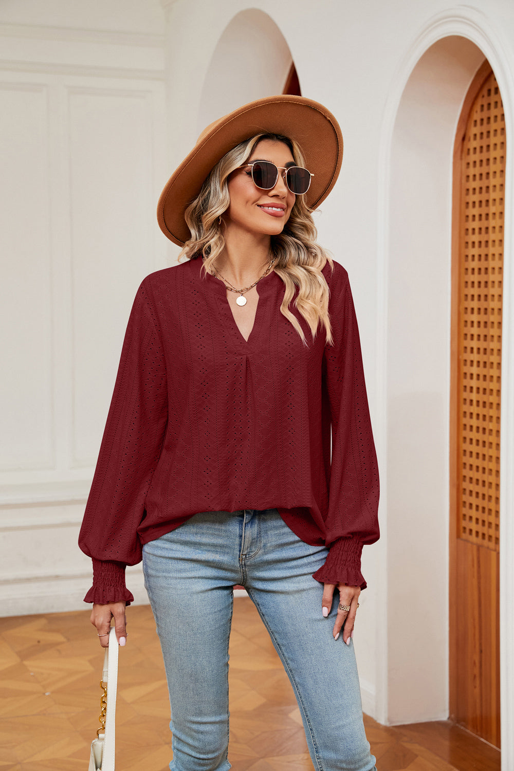 Eyelet notched-neck blouse with flounce sleeves