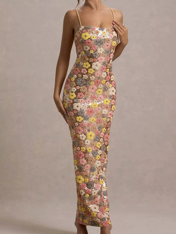 Floral sequin bodycon maxi dress with side slit