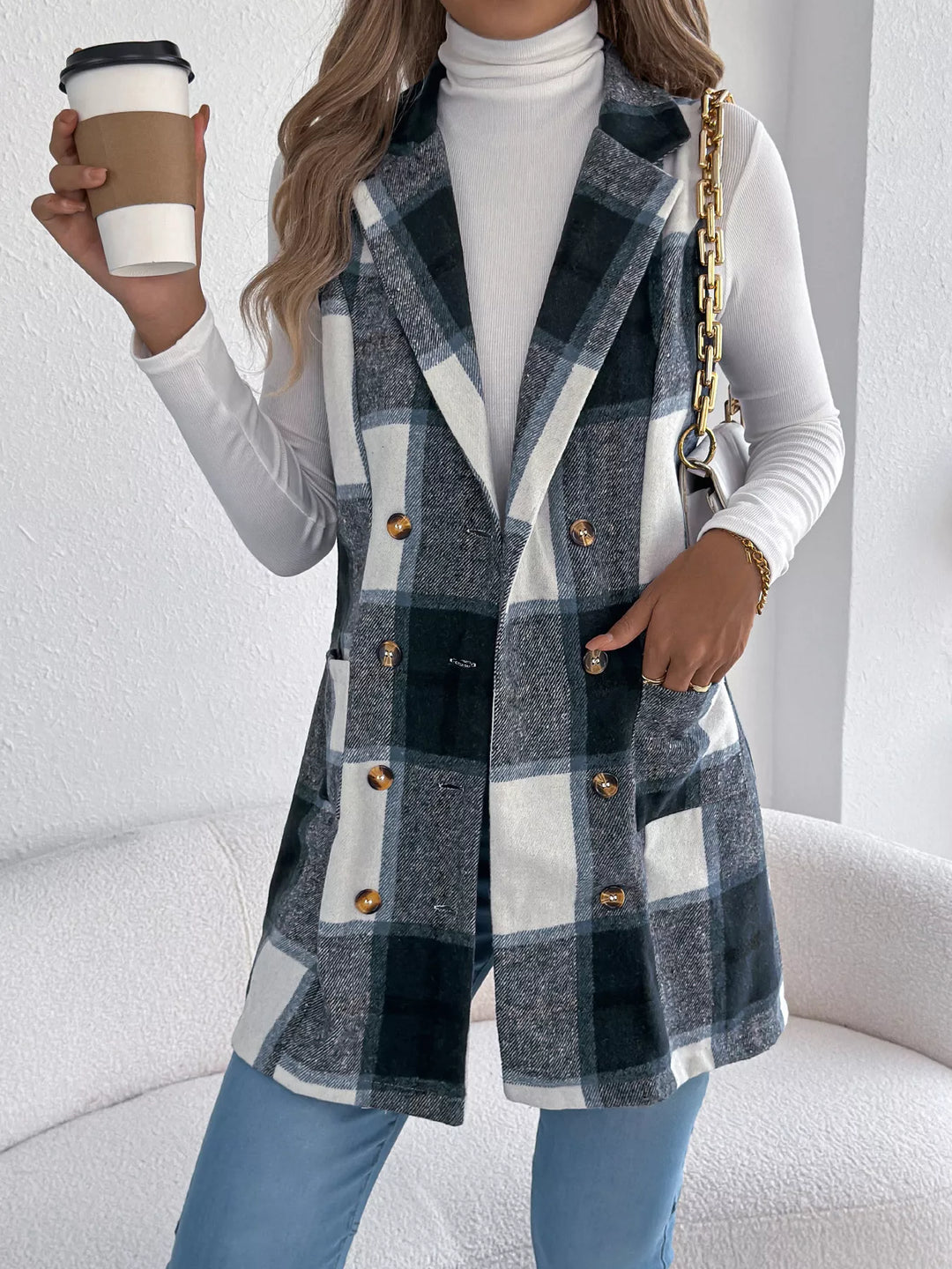 Plaid double-breasted longline vest coat with notched lapel