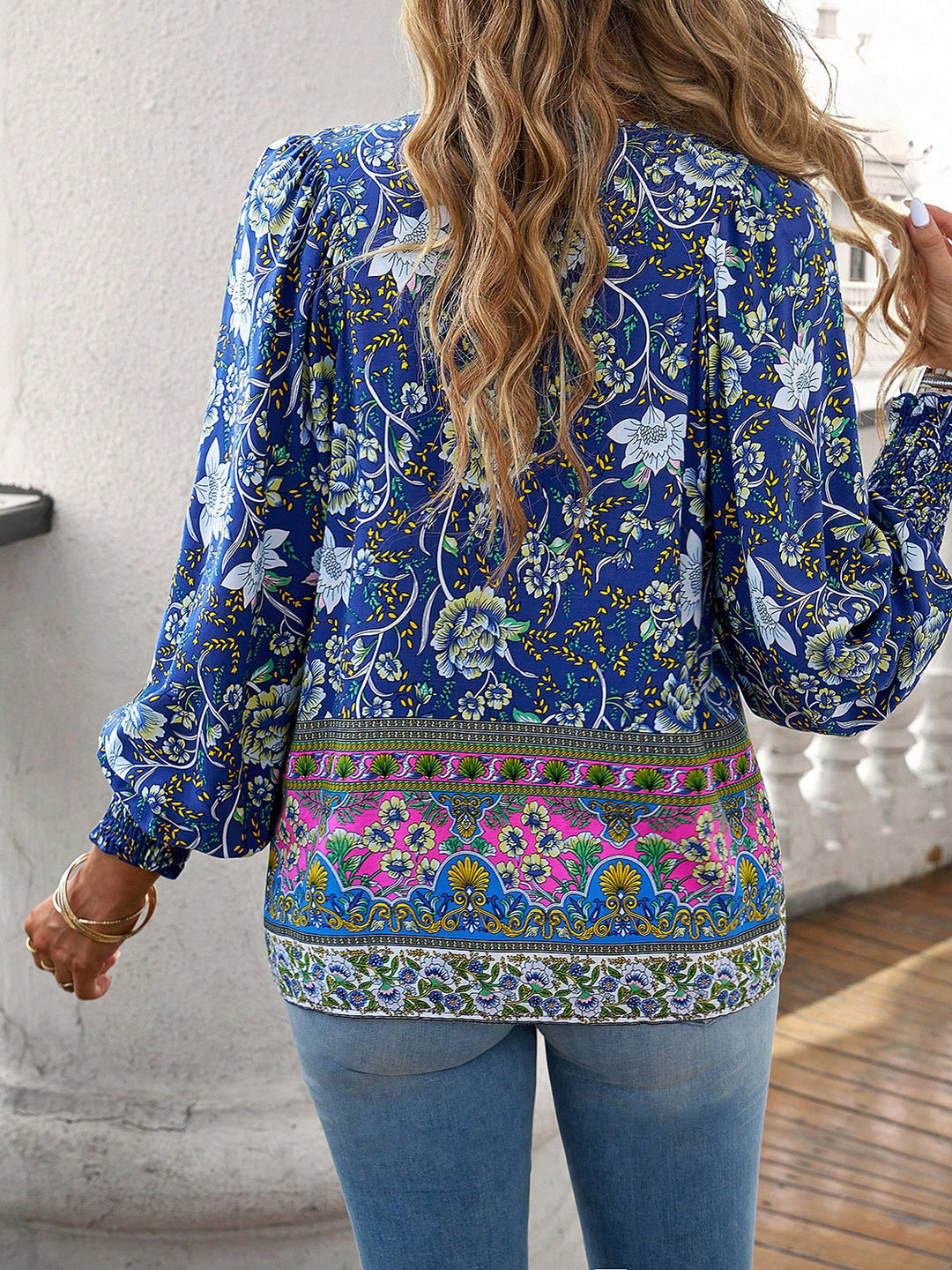 Bohemian floral print tie-neck lantern sleeve blouse