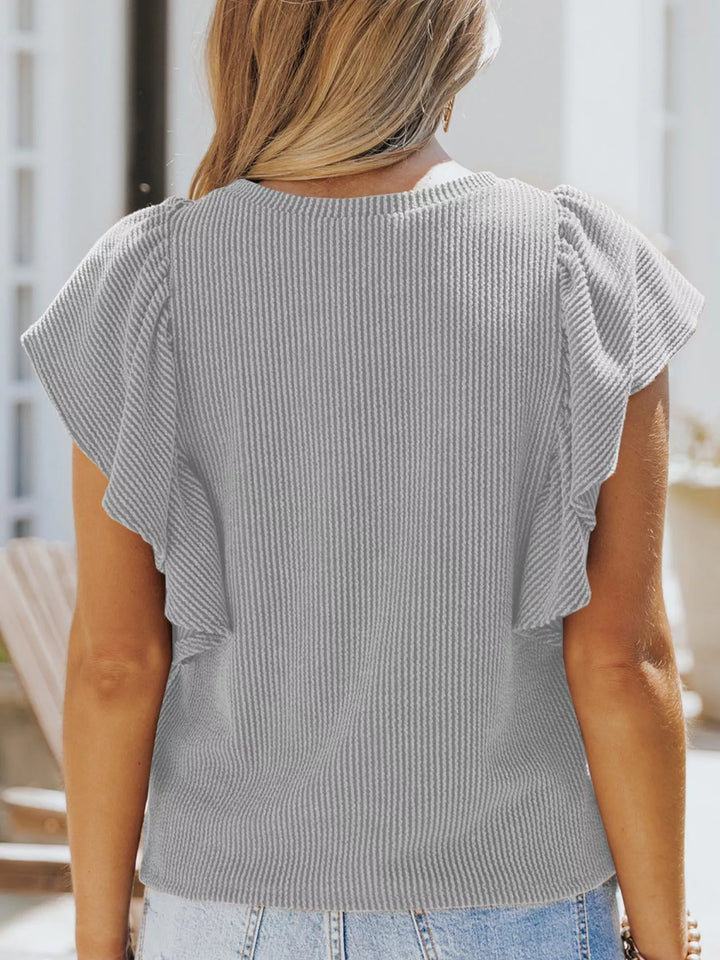 Ribbed knit top with ruffled cap sleeves