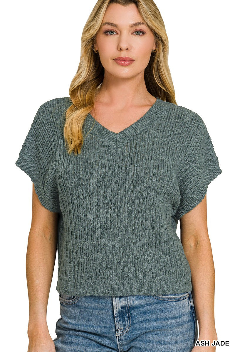 ASH JADE Textured knit V-neck short-sleeve cropped sweater