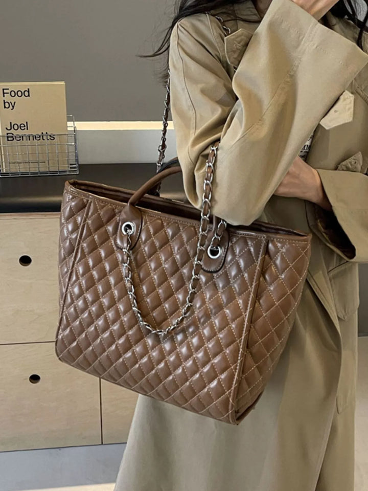 Diamond quilted faux leather tote bag with chain straps