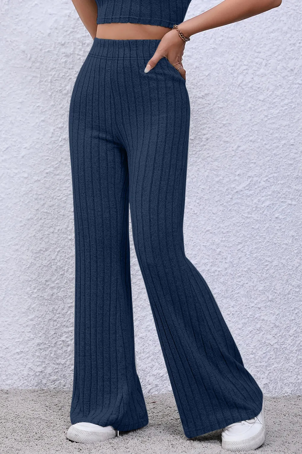 Ribbed knit high-waist flare pants with pull-on waist