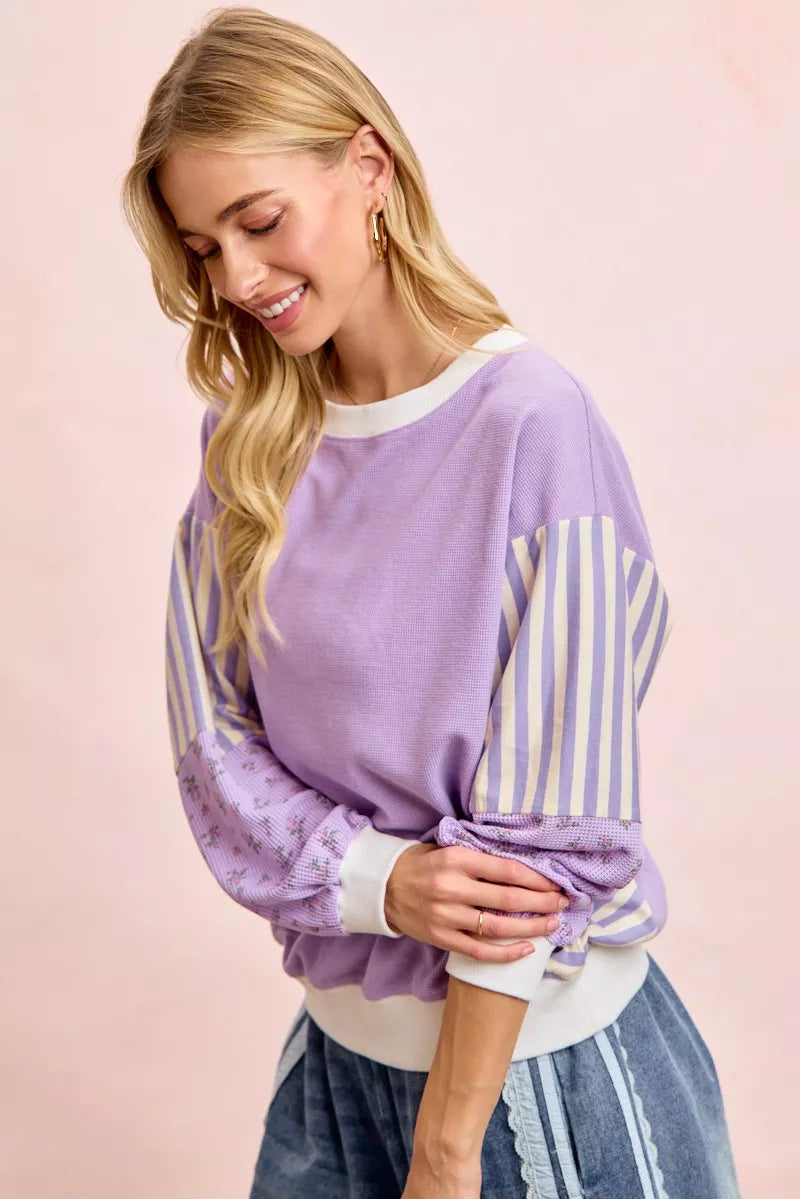 Mix-print waffle knit sweatshirt with striped and floral sleeves