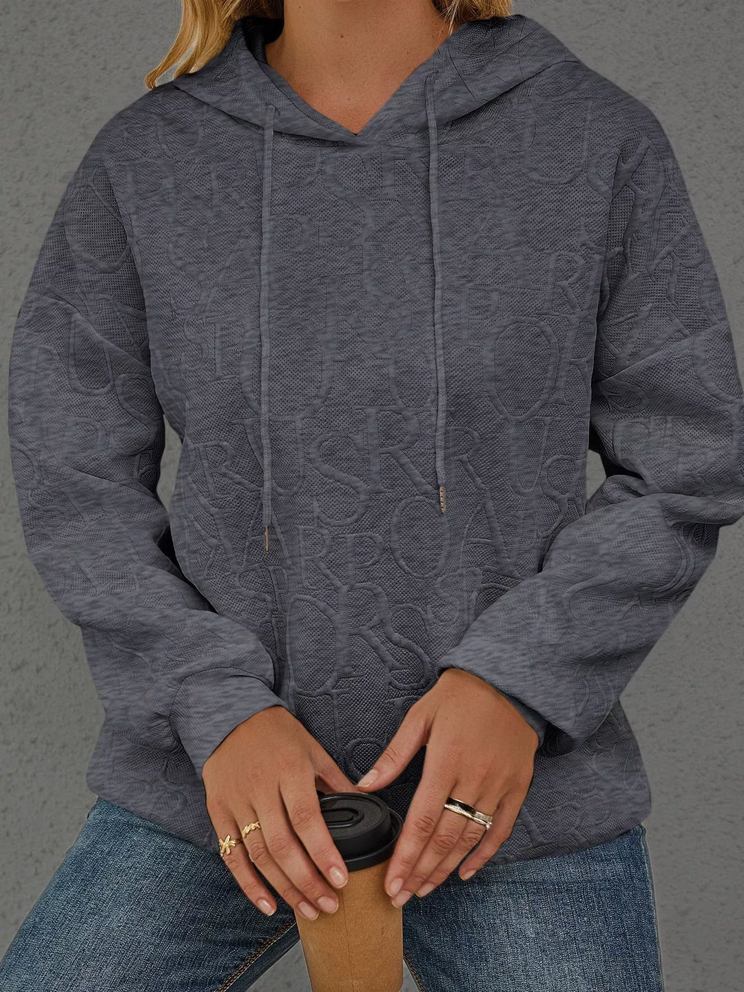 Embossed lettering drawstring pullover hoodie